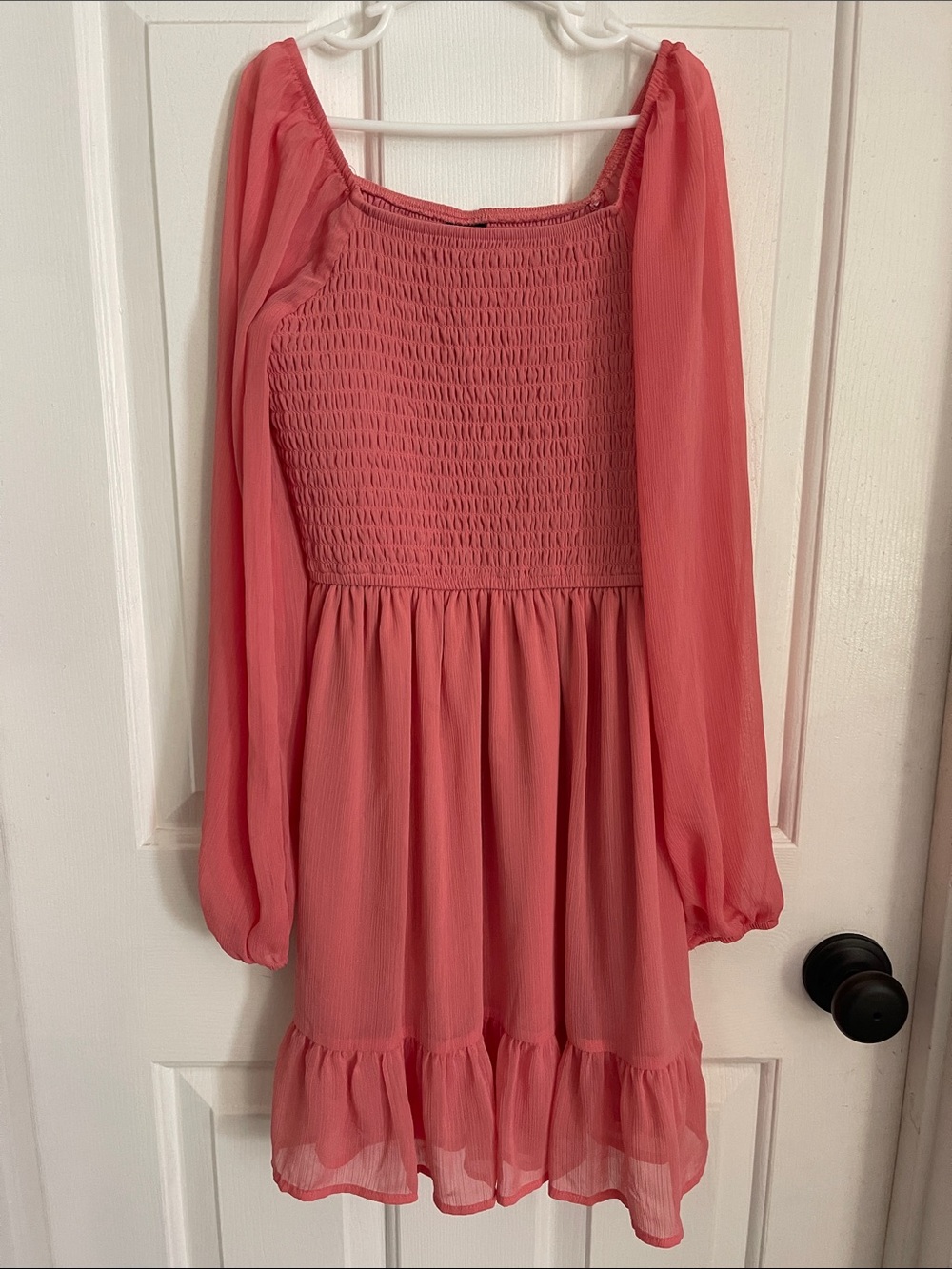 art class Coral Pink Smocked Long-Sleeve Ruffle Dress